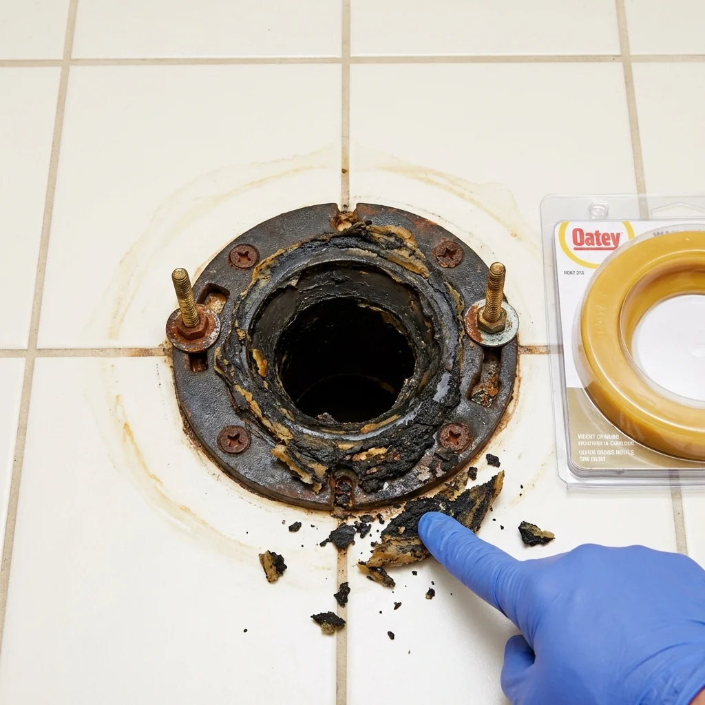 Failed wax ring showing water seepage at the base of a toilet in a Swanton, VT home