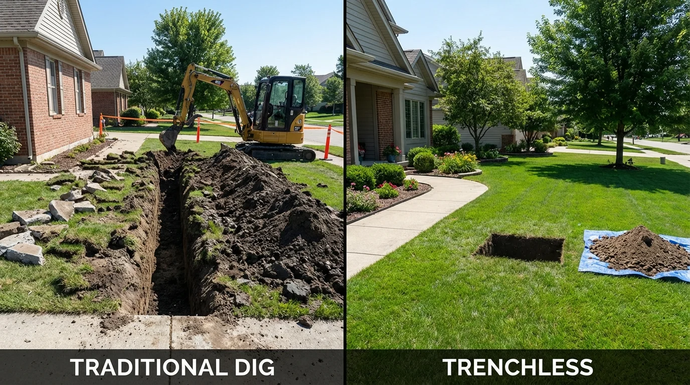 Trenchless sewer repair with minimal yard damage versus traditional excavation in Swanton, VT