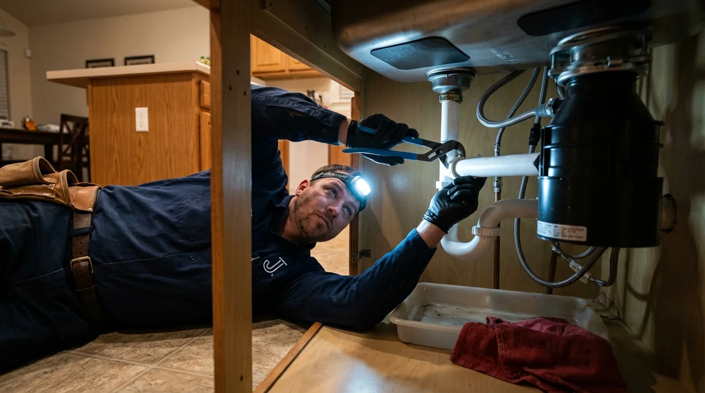 P-trap and supply line connections under a kitchen sink showing a common leak point in Swanton, VT